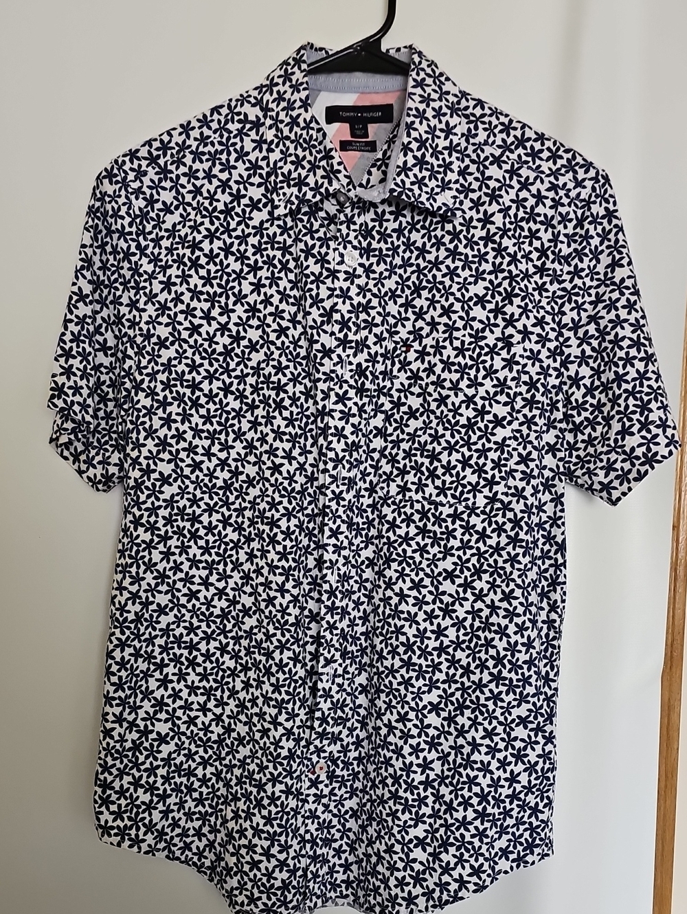 Tommy Hilfiger Mens White Ligh Blue Floral Print Short Sleeve Button-Down Shirt